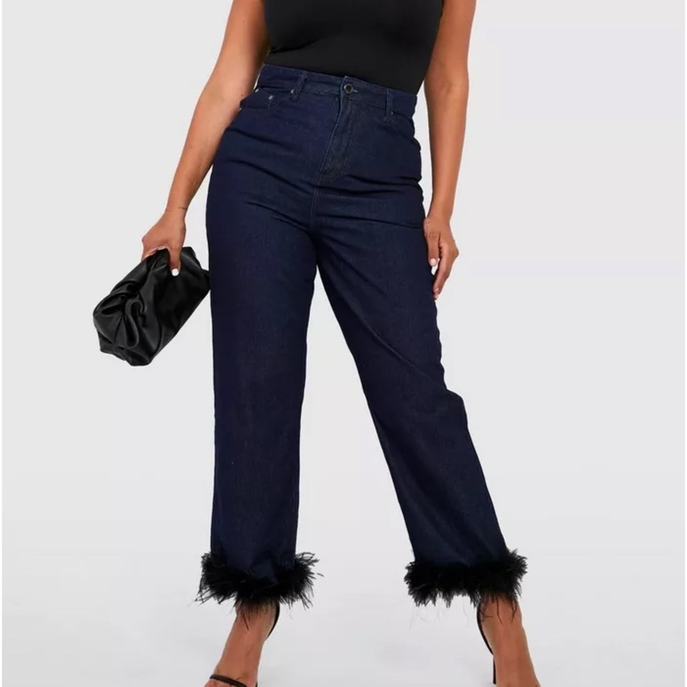BOOHOO Dark Denim Feather Trim Straight Leg Jeans Plus UK 22 EU 50 US 18 NWT